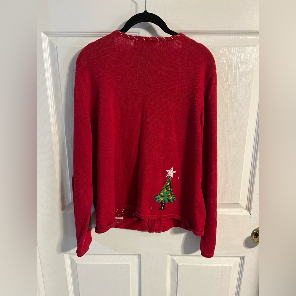 Festive Holiday Red Cardigan with Tree Designs - Picture 2 of 4